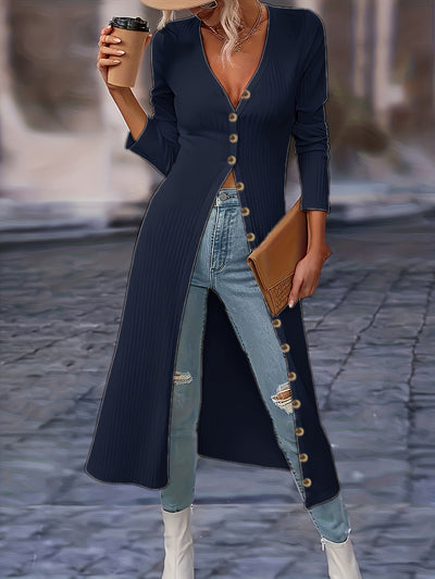 Women's Long Cardigan - Button Front V-Neck - Fitted Knit - Knee Length Layering Piece