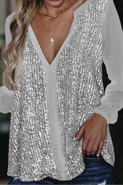 Long Sleeve Sequin V-Neck Blouse
