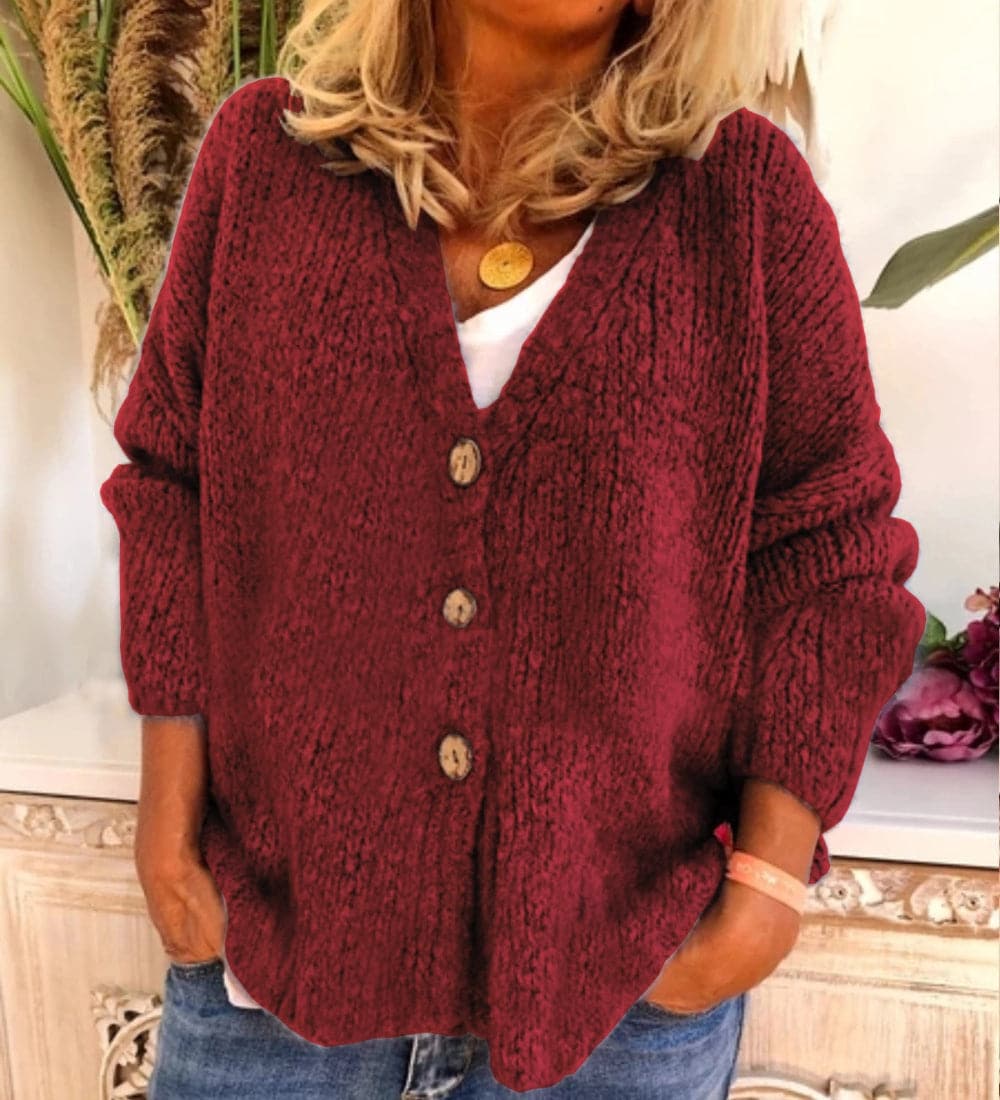 Women’s Cardigan – Relaxed Fit – Chunky Knit – V-Neck – Button Front – Balloon Sleeve