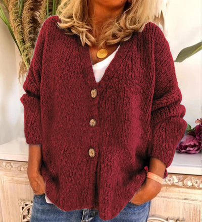 Women’s Cardigan – Relaxed Fit – Chunky Knit – V-Neck – Button Front – Balloon Sleeve