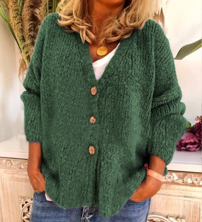 Women’s Cardigan – Relaxed Fit – Chunky Knit – V-Neck – Button Front – Balloon Sleeve