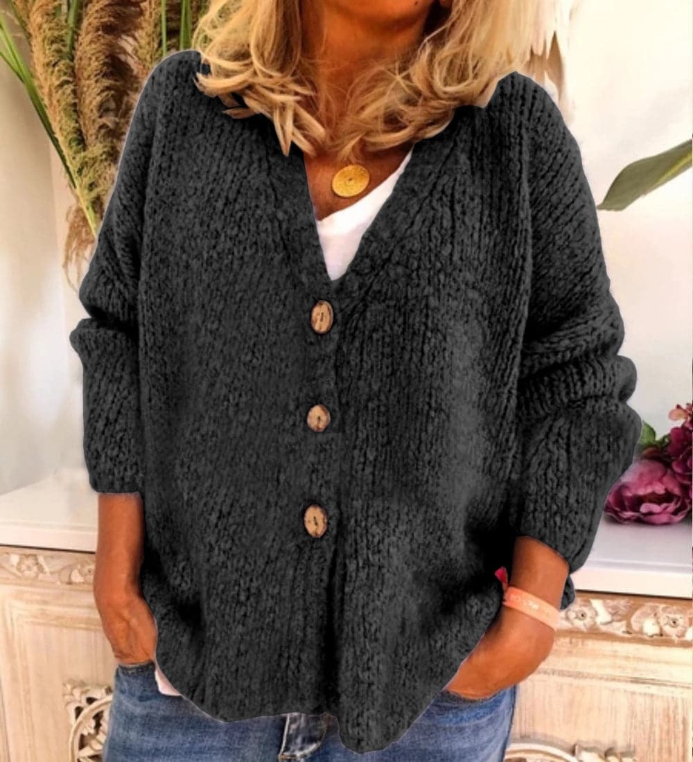 Women’s Cardigan – Relaxed Fit – Chunky Knit – V-Neck – Button Front – Balloon Sleeve