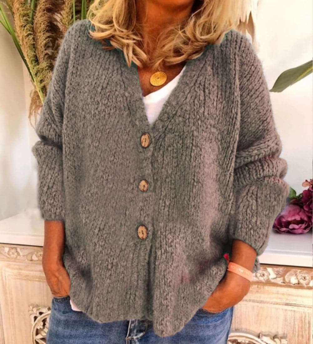 Women’s Cardigan – Relaxed Fit – Chunky Knit – V-Neck – Button Front – Balloon Sleeve