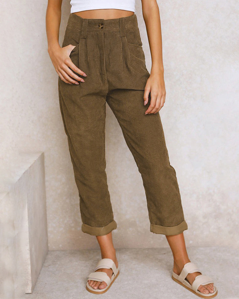 Women's High-Waisted Trousers - Pleated Front - Relaxed Fit - Cuffed Hem Ribbed Fabric
