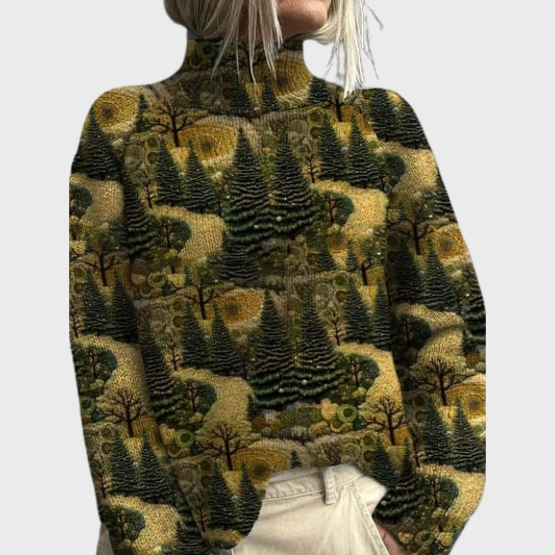 Lucy | Autumn Forest & Animal Print Knit Turtleneck Sweater