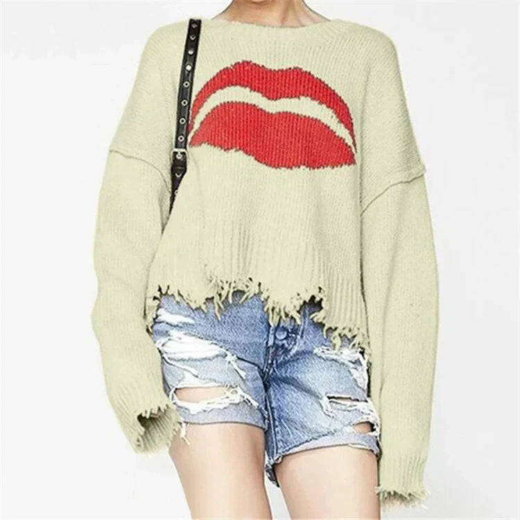 Women’s Sweater – Chunky Knit – Oversized Fit – Lip Motif – Fringed Hem