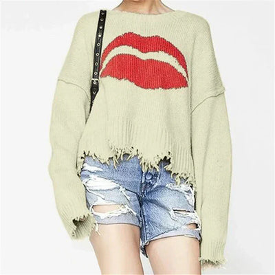Women’s Sweater – Chunky Knit – Oversized Fit – Lip Motif – Fringed Hem