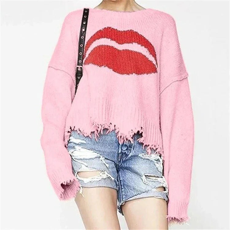 Women’s Sweater – Chunky Knit – Oversized Fit – Lip Motif – Fringed Hem