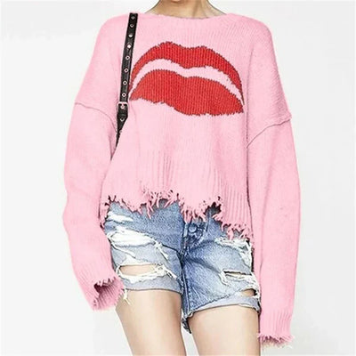 Women’s Sweater – Chunky Knit – Oversized Fit – Lip Motif – Fringed Hem