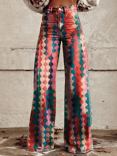 Women's Retro Chic Wide-Leg Pants - Geometric Pattern - Vibrant Colors - Casual Elegance