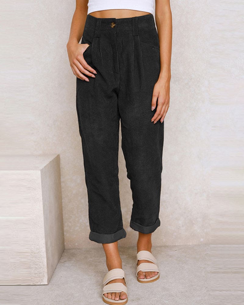 Women's High-Waisted Trousers - Pleated Front - Relaxed Fit - Cuffed Hem Ribbed Fabric