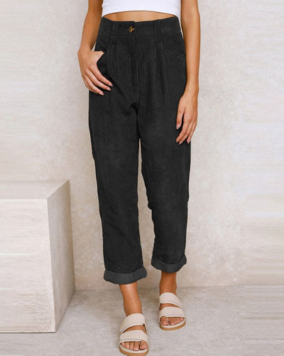 Women's High-Waisted Trousers - Pleated Front - Relaxed Fit - Cuffed Hem Ribbed Fabric