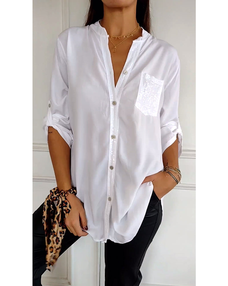 Women’s Blouse – Relaxed Fit – Sequin Placket – Roll Tab Sleeves – Breathable Blend