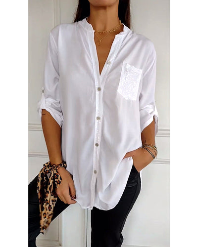 Women’s Blouse – Relaxed Fit – Sequin Placket – Roll Tab Sleeves – Breathable Blend