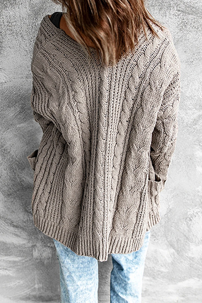Women's Knitted Cardigan - Longline Open Front - Cable Knit with Pockets