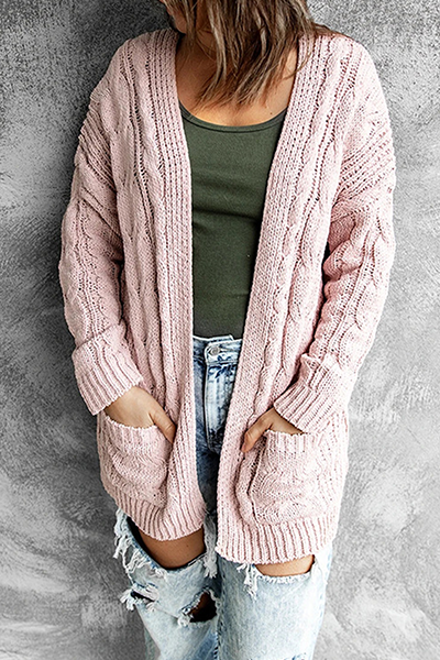 Women's Knitted Cardigan - Longline Open Front - Cable Knit with Pockets