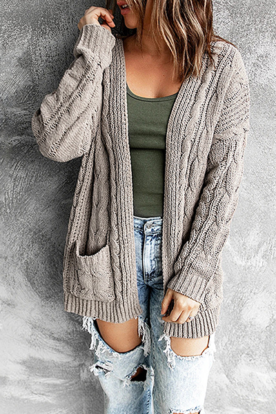 Women's Knitted Cardigan - Longline Open Front - Cable Knit with Pockets