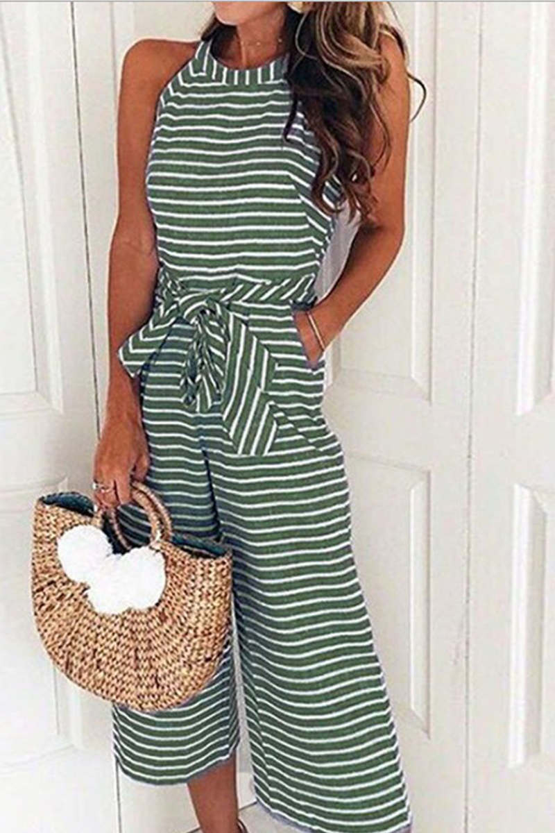 Women's Jumpsuit - Striped Design - Sleeveless Halter Neck - Tie Waist - Wide-Leg Cropped Fit