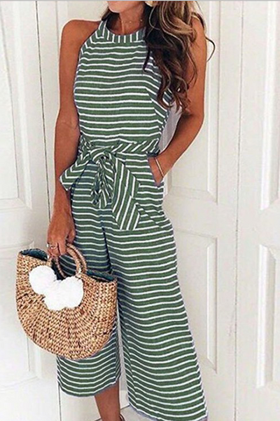 Women's Jumpsuit - Striped Design - Sleeveless Halter Neck - Tie Waist - Wide-Leg Cropped Fit