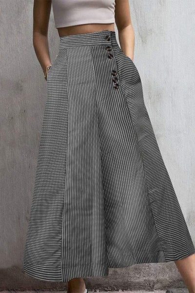 Women's High-Waisted Culottes - Wide Leg - Striped Pattern - Cropped Length - Button Detail