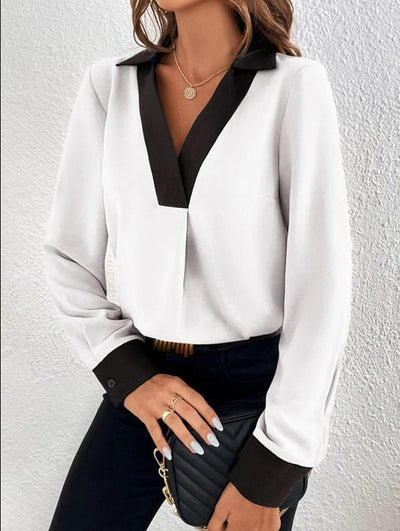 Women’s Blouse – V-Neck Contrast Trim – Long Sleeve – Soft Breathable Blend