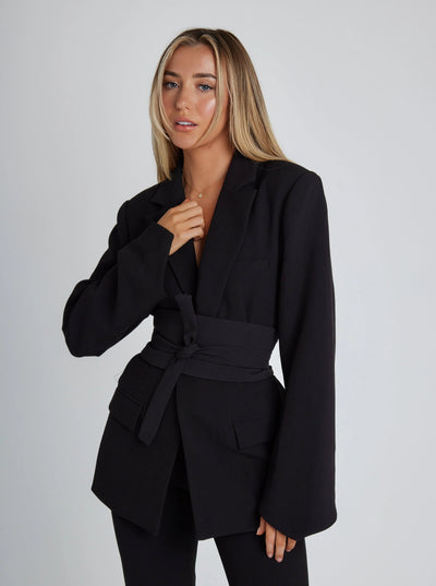 Women's Blazer - Tailored Fit - Wide Belted Waist - Structured Shoulders - Formal Wear
