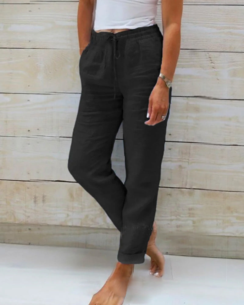 Women's Relaxed Fit Trousers - Elastic Waist - Breathable Drawstring Casual Wear
