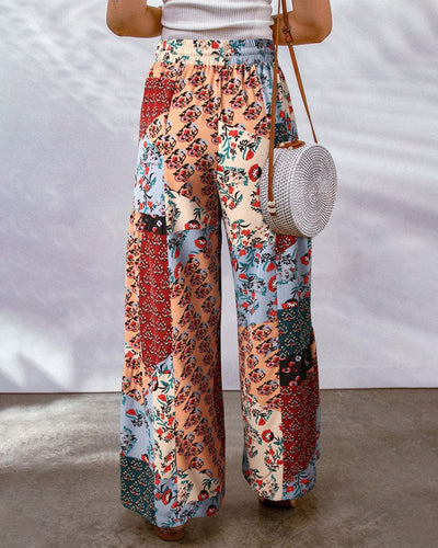 Women's Palazzo Trousers - High Waist - Wide Leg - Adjustable Drawstring - Boho Print