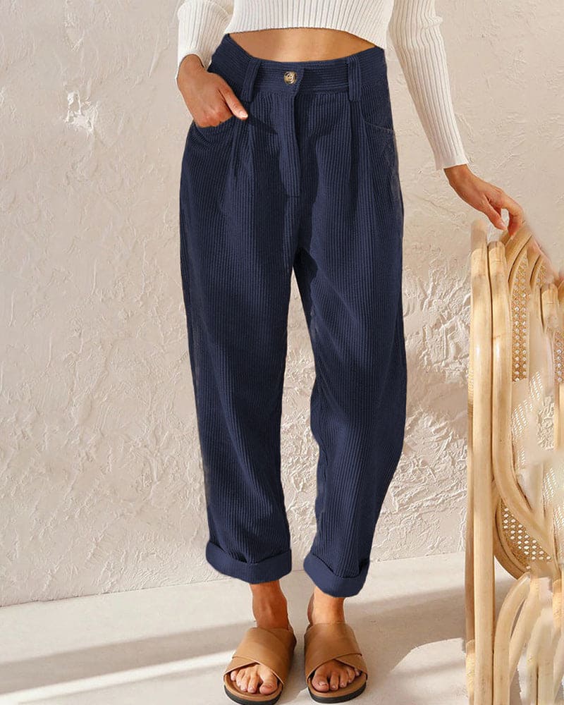 Women's High-Waisted Trousers - Pleated Front - Relaxed Fit - Cuffed Hem Ribbed Fabric