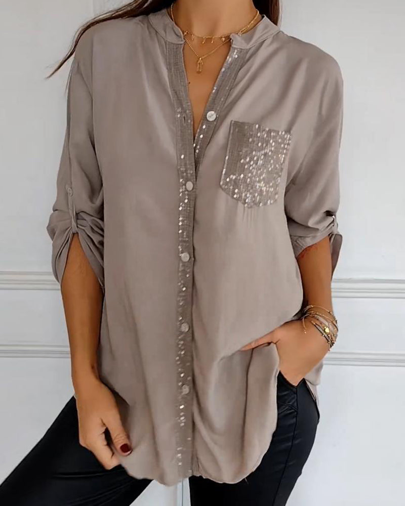 Women’s Blouse – Relaxed Fit – Sequin Placket – Roll Tab Sleeves – Breathable Blend