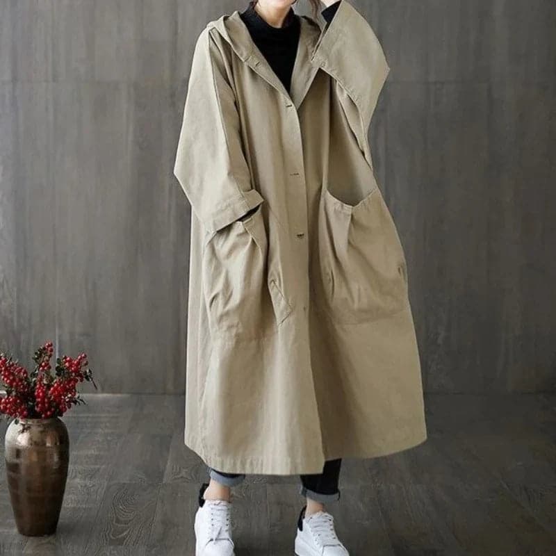 Women’s Trenchcoat – Oversized Fit – Long Length – Hooded – Large Pockets