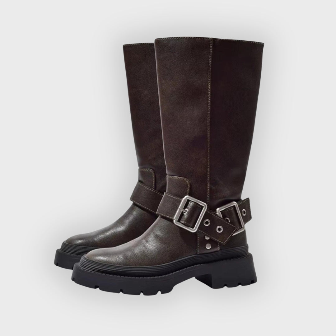 Sybil | Knee-High Chunky Flat Boots – Retro Buckle