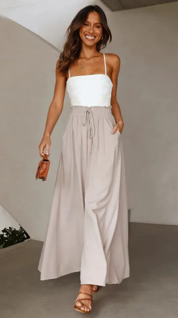 Women's Palazzo Trousers - High Waist - Wide Leg - Elastic Drawstring - Full Length