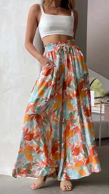 Women's Palazzo Trousers - High Waist - Wide Leg - Elastic Drawstring - Full Length
