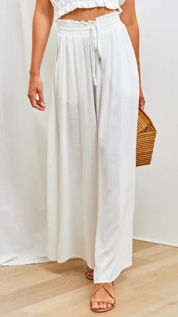 Women's Palazzo Trousers - High Waist - Wide Leg - Elastic Drawstring - Full Length