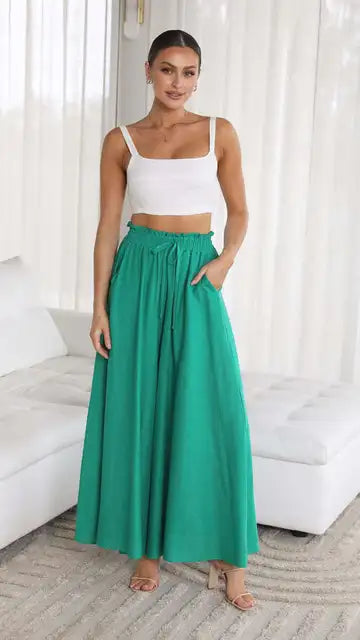 Women's Palazzo Trousers - High Waist - Wide Leg - Elastic Drawstring - Full Length