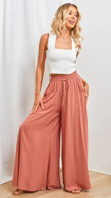 Women's Palazzo Trousers - High Waist - Wide Leg - Elastic Drawstring - Full Length