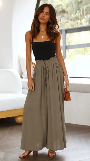 Women's Palazzo Trousers - High Waist - Wide Leg - Elastic Drawstring - Full Length