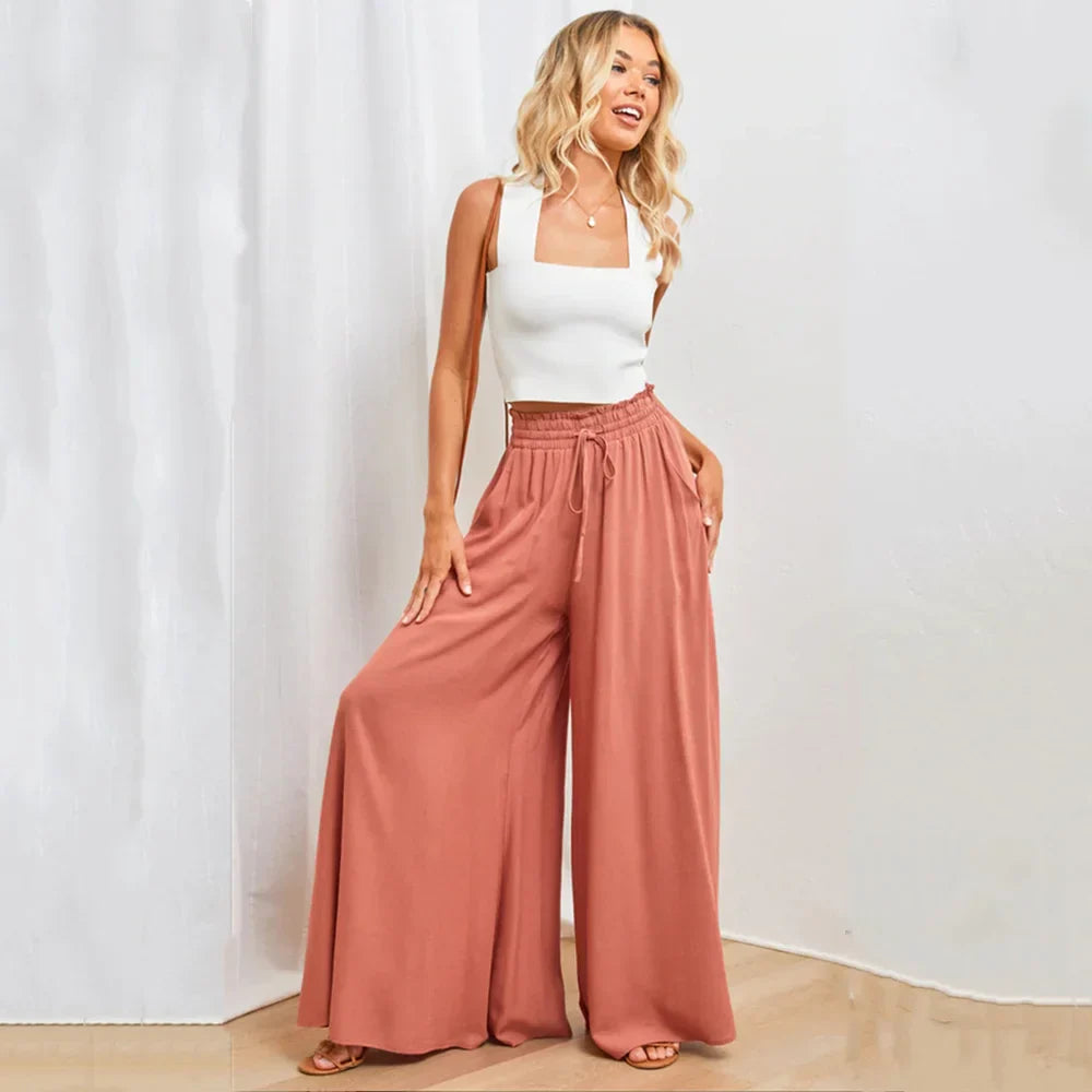 Women's Palazzo Trousers - High Waist - Wide Leg - Elastic Drawstring - Full Length