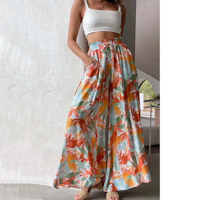 Women's Palazzo Trousers - High Waist - Wide Leg - Elastic Drawstring - Full Length