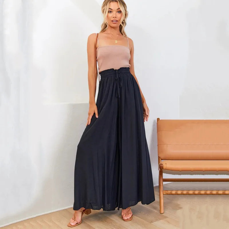 Women's Palazzo Trousers - High Waist - Wide Leg - Elastic Drawstring - Full Length