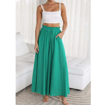 Women's Palazzo Trousers - High Waist - Wide Leg - Elastic Drawstring - Full Length