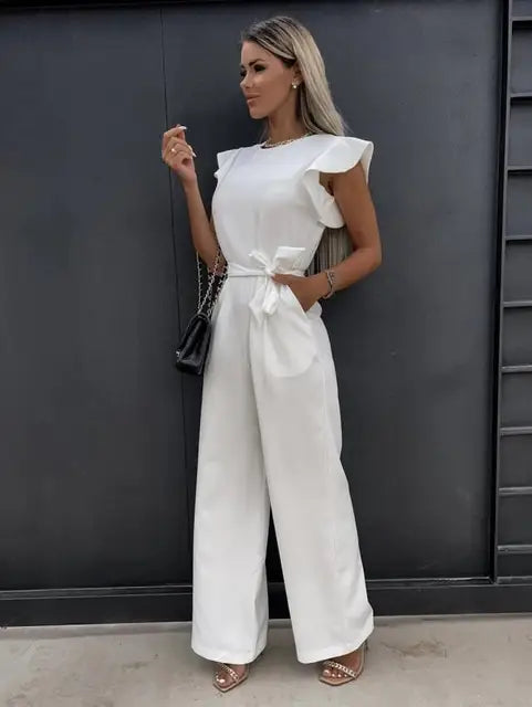 Women's jumpsuit with wide legs and ruffled edge sleeves