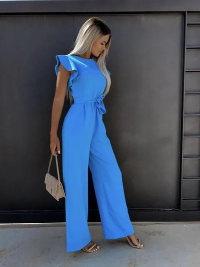 Women's jumpsuit with wide legs and ruffled edge sleeves