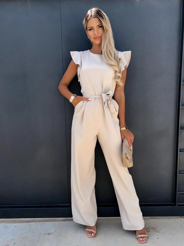 Women's jumpsuit with wide legs and ruffled edge sleeves
