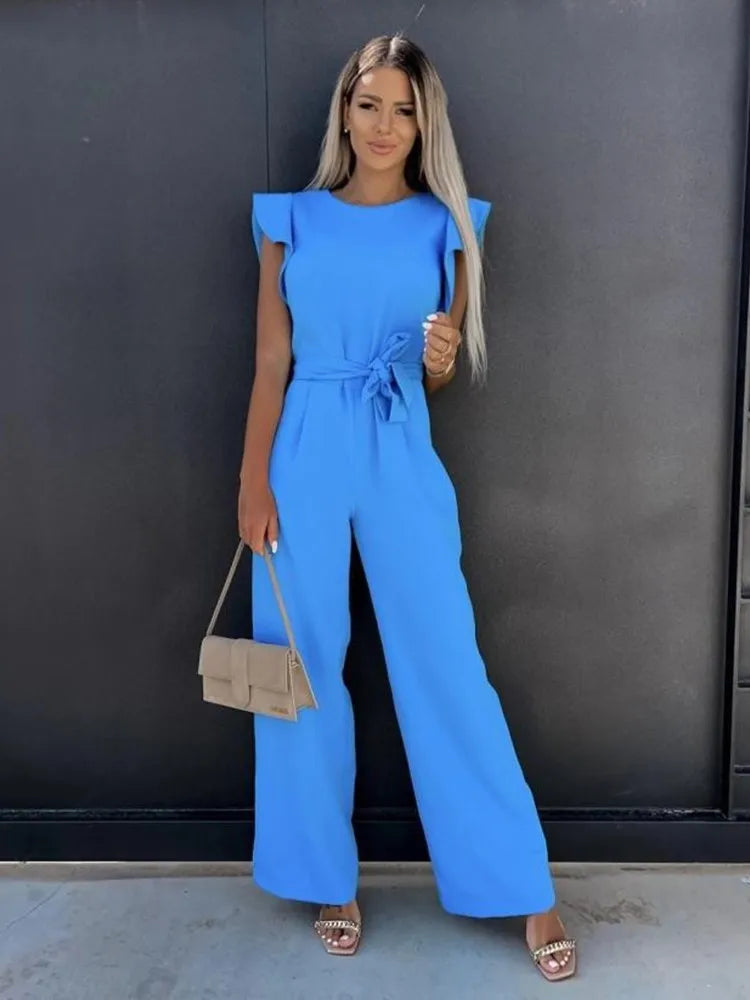 Women's jumpsuit with wide legs and ruffled edge sleeves
