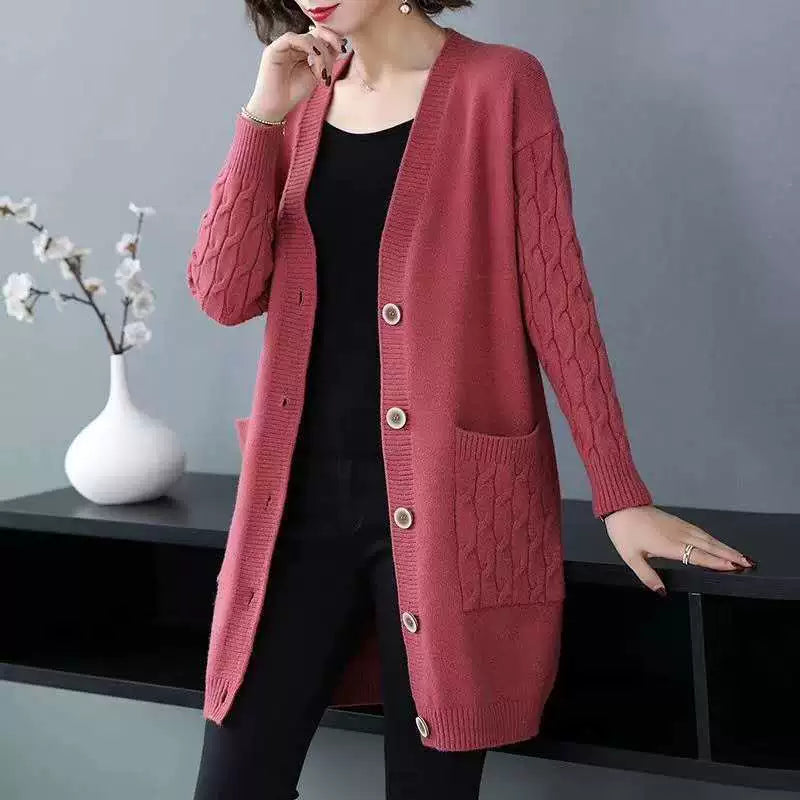 Women’s Cardigan Sweater – Wool Knit – Loose Fit – Cable Sleeve – Mid-Length – Button Front