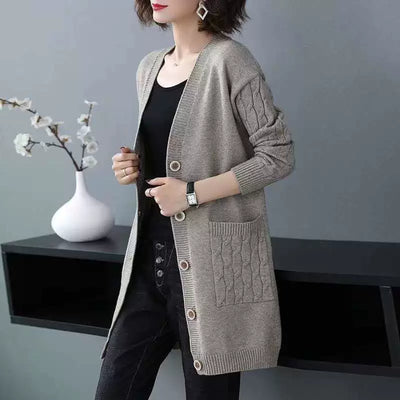 Women’s Cardigan Sweater – Wool Knit – Loose Fit – Cable Sleeve – Mid-Length – Button Front