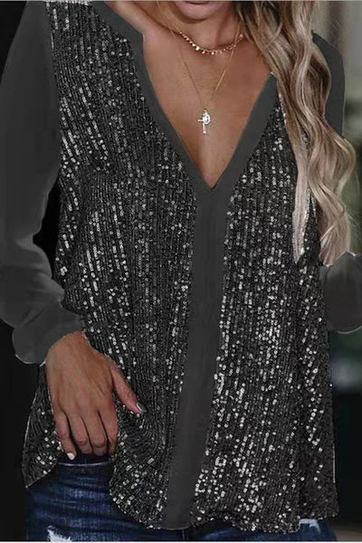 Long Sleeve Sequin V-Neck Blouse