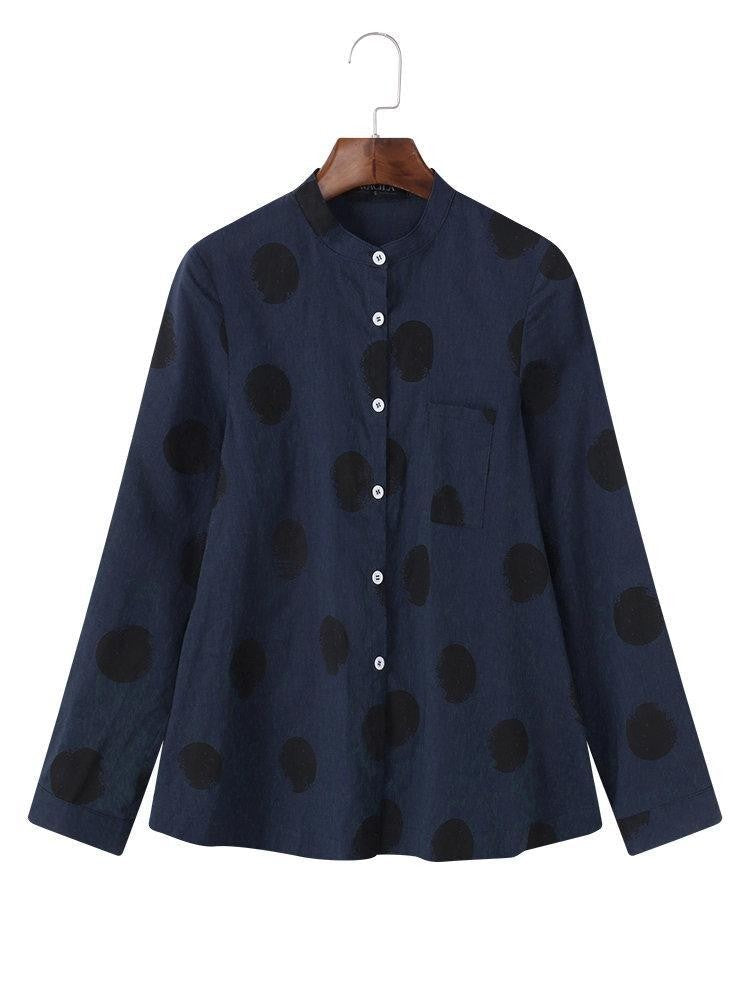 Women’s Blouse – Relaxed Fit – Polka Dot – Button Front – Long Sleeve – Breathable Blend
